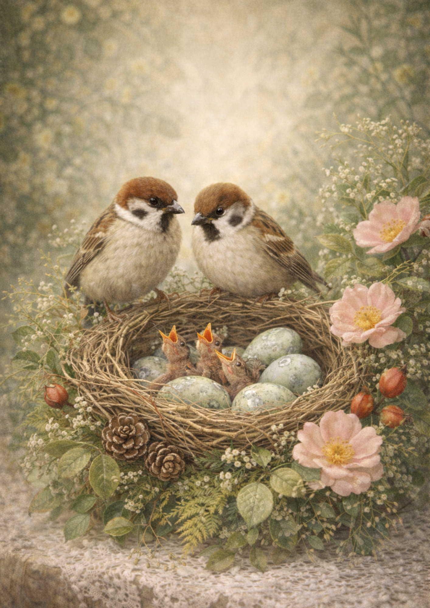 Sticker Sheet / Greeting Card – Sparrows in the Nest Full Cat. No. 8788