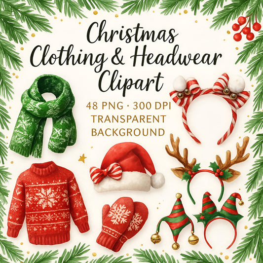 Watercolor Clothing & Headwear Clipart Bundle: 48 PNG Illustrations (Digital Download)