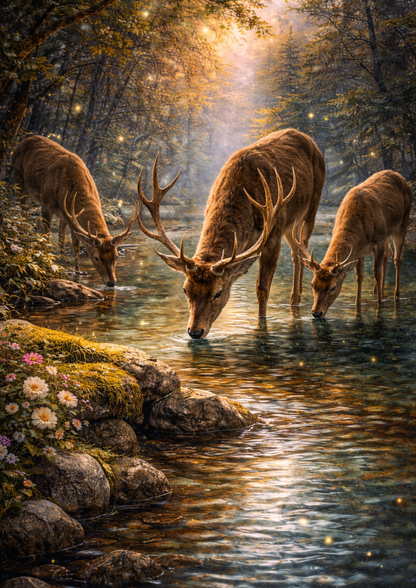 Sticker Sheet / Greeting Card – Deer Family in the Forest Scene Collage Cat. No. 8800