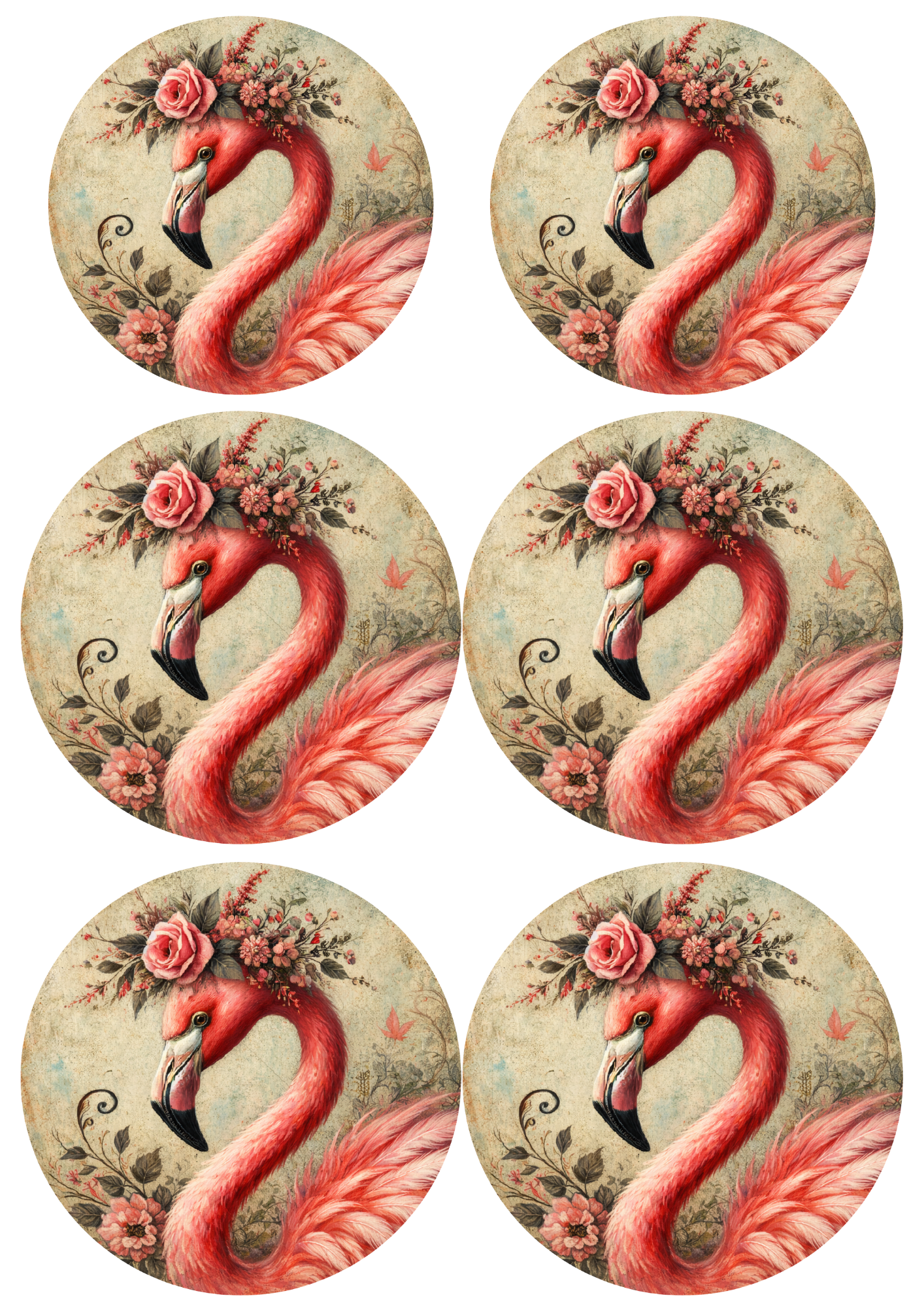 Sticker Sheet / Greeting Card – Pink Flamingo in Circles Collage Cat. No. 8802