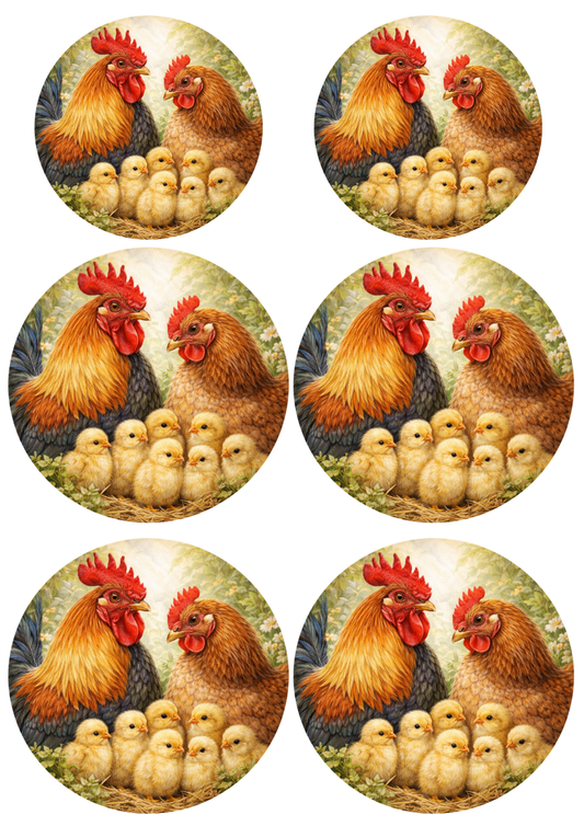 Sticker Sheet / Greeting Card – Rooster Family in Circle Collage Cat. No. 8806