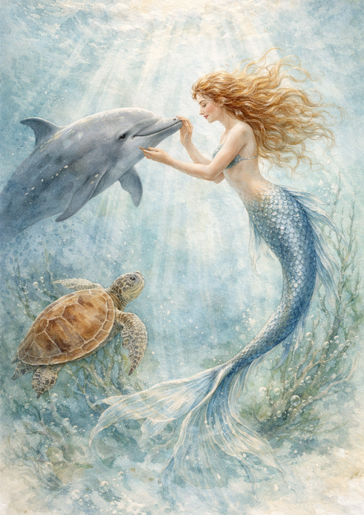 Sticker Sheet / Greeting Card – Mermaid With Turtle And Dolphin Full Cat. No. 8814
