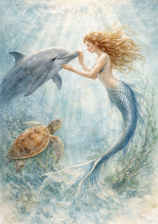 Sticker Sheet / Greeting Card – Mermaid With Turtle And Dolphin Full Cat. No. 8814