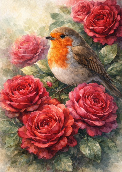 Sticker Sheet / Greeting Card – Red Robin in Roses Full Cat. No. 8815