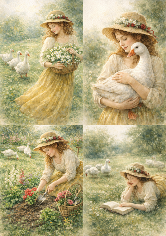 Sticker Sheet / Greeting Card – Girl & Beautiful Meadow Collage Cat. No. 8820
