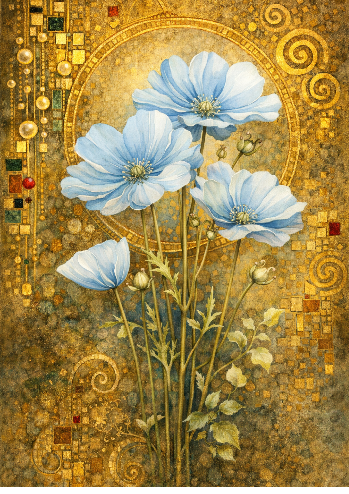 Sticker Sheet / Greeting Card – Watercolor Blue Anemone Flowers in Klimt Style Full Cat. No. 8826