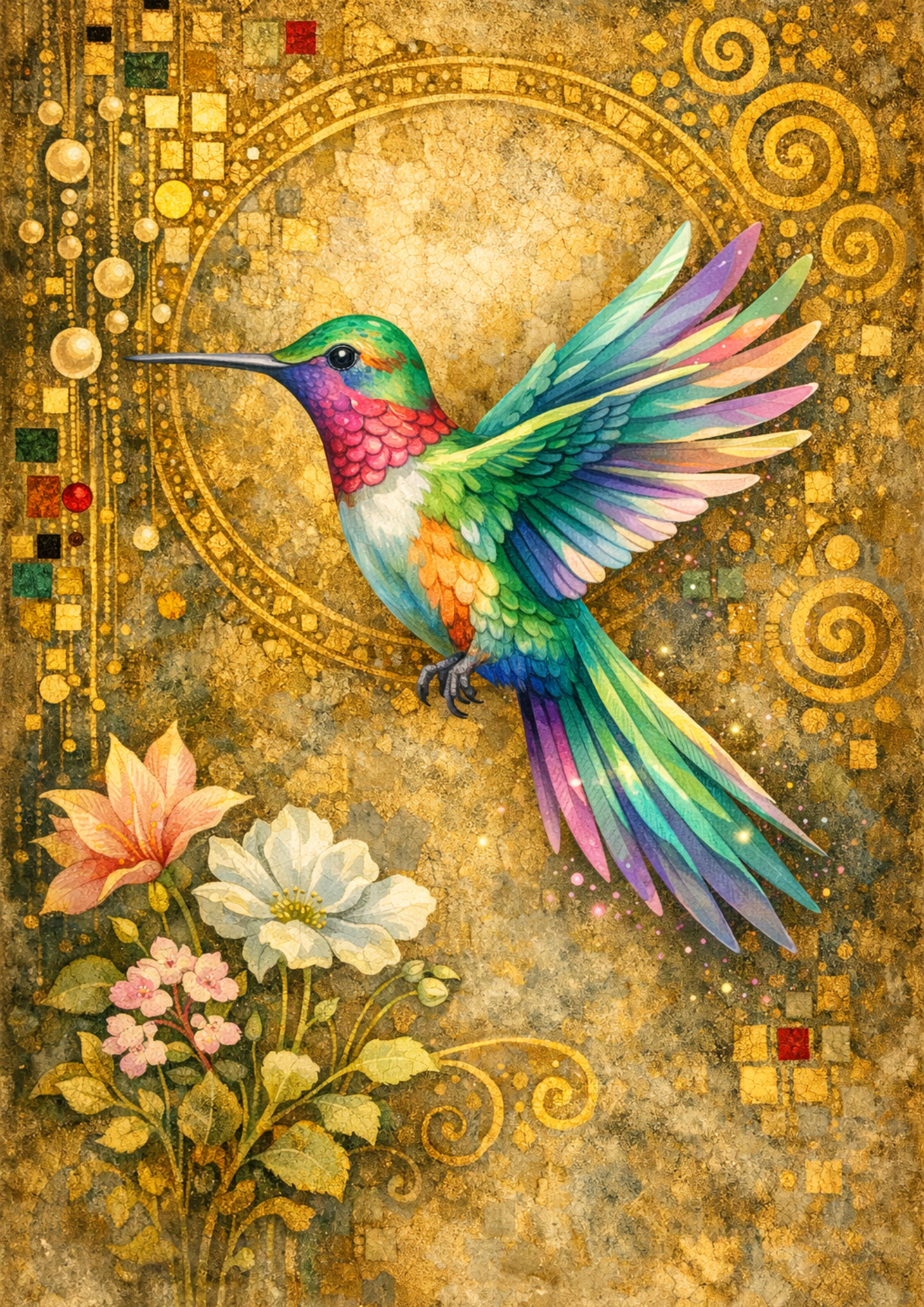 Sticker Sheet / Greeting Card – Watercolor Hummingbird in Klimt Style Full Cat. No. 8827