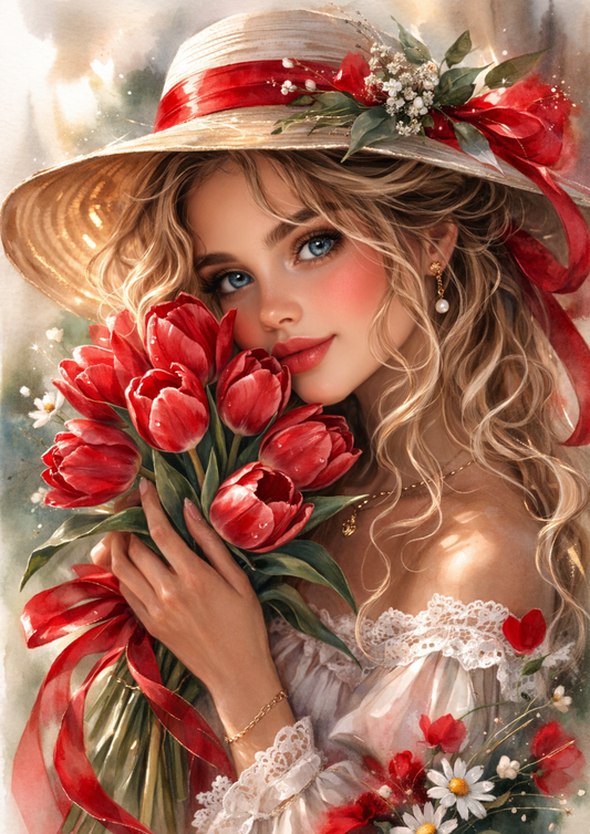 Sticker Sheet / Greeting Card – Beautiful Girl Holding Tulips Full Cat. No. 8833