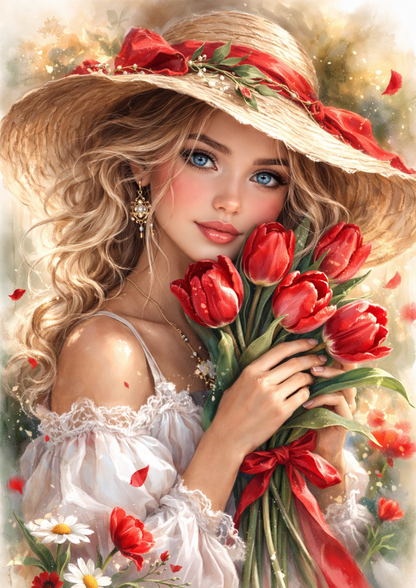 Sticker Sheet / Greeting Card – Beautiful Girl Holding Tulips Full Cat. No. 8834