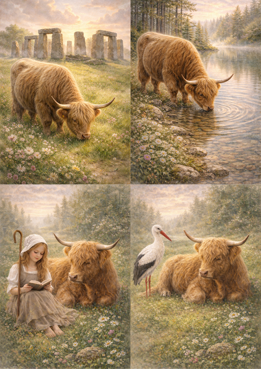 Sticker Sheet / Greeting Card – Highland Cow Scene Collage Cat. No. 8883