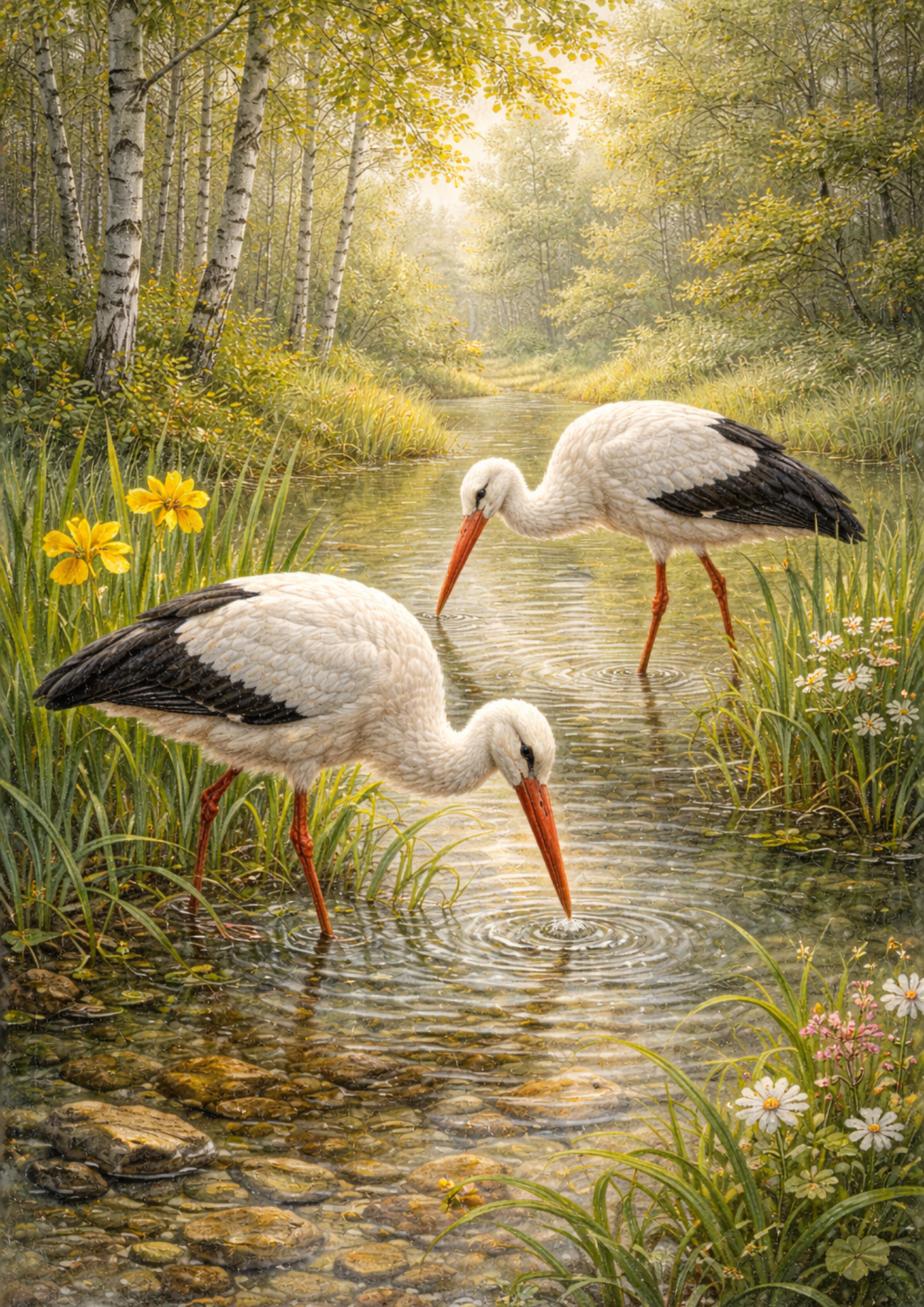Sticker Sheet / Greeting Card – Storks in Nature Scene Collage Cat. No. 8885