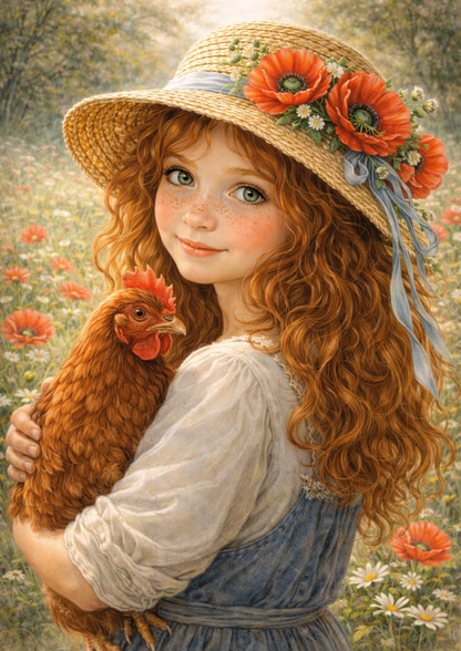 Sticker Sheet / Greeting Card – Poppy Girl Holding Hen Full Cat. No. 8893