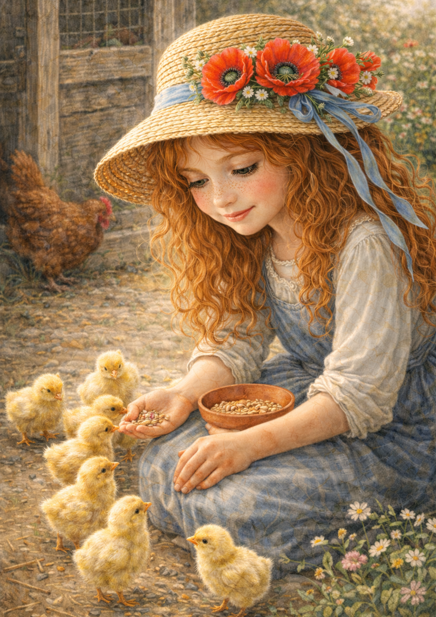 Sticker Sheet / Greeting Card – Girl Feeding Chicks Scene Full Cat. No. 8896