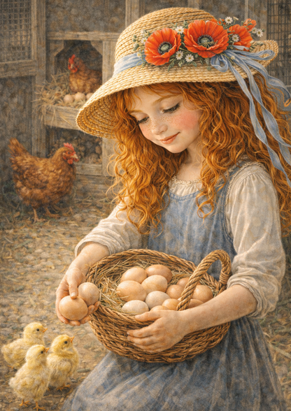 Sticker Sheet / Greeting Card – Girl Holding Eggs Scene Full Cat. No. 8897