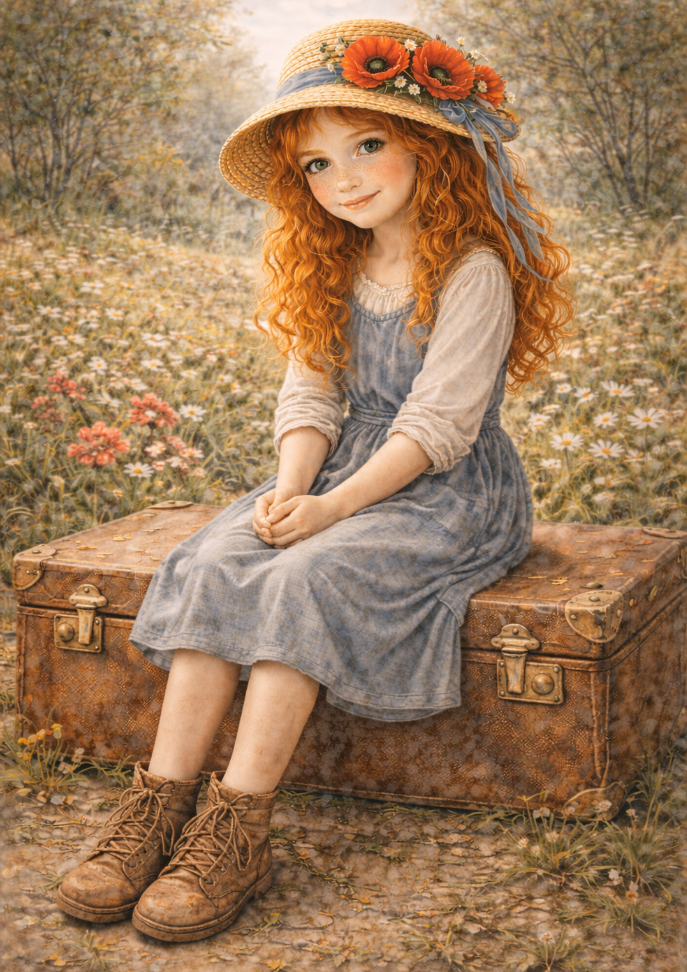 Sticker Sheet / Greeting Card – Girl Sitting on the Suitcase Scene Full Cat. No. 8898