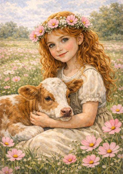 Sticker Sheet / Greeting Card – Girl with Calf on the Meadow Full Cat. No. 8909