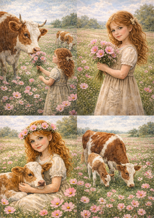 Sticker Sheet / Greeting Card – Girl with Calf on the Meadow Collage Cat. No. 8910