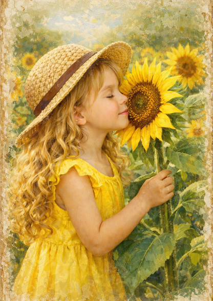 Sticker Sheet / Greeting Card – Cute Girl & Sunflowers Full Cat. No. 8915