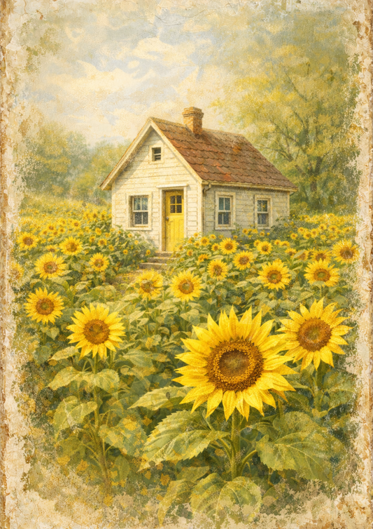 Sticker Sheet / Greeting Card – Old Cottage & Sunflowers Full Cat. No. 8918