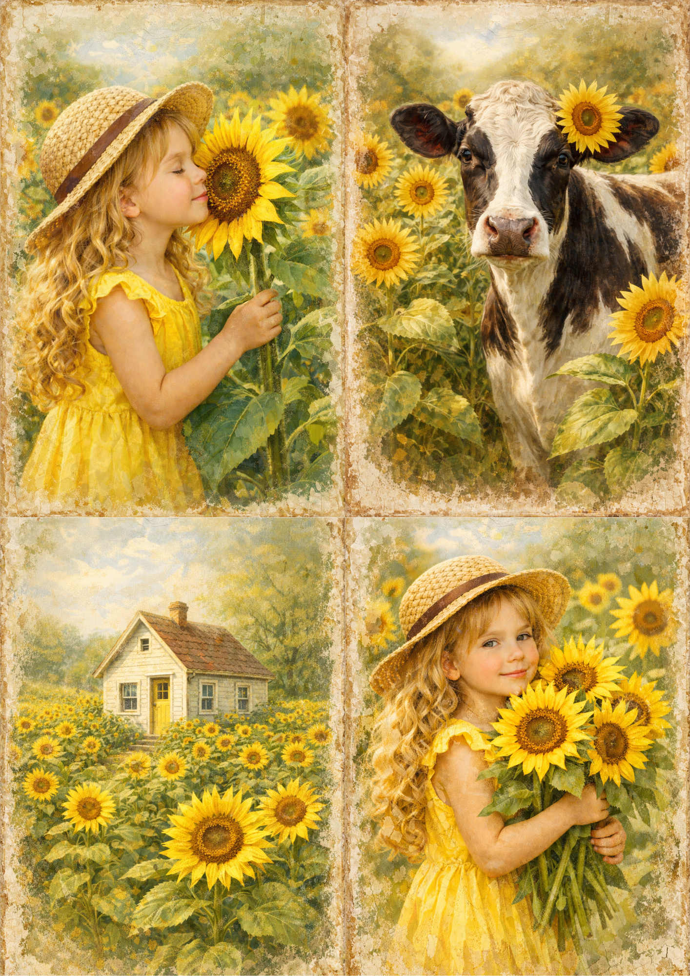 Sticker Sheet / Greeting Card – Old Cottage & Sunflowers Collage Cat. No. 8919