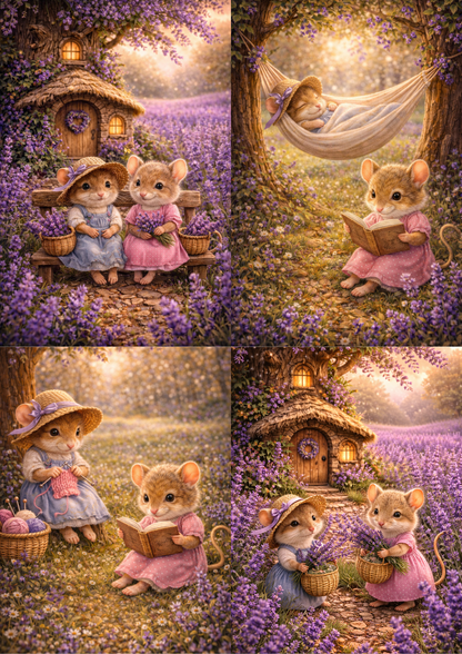 Sticker Sheet / Greeting Card – Mice and Lavender Field Collage Cat. No. 8955