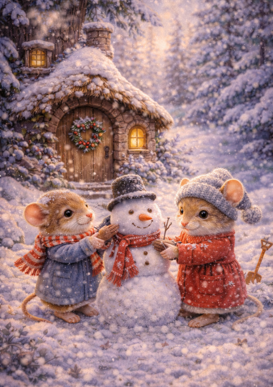 Sticker Sheet / Greeting Card – Mice Making Snowman Full Cat. No. 8957