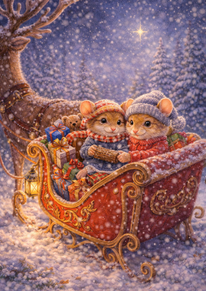 Sticker Sheet / Greeting Card – Mice in Sleigh Full Cat. No. 8958