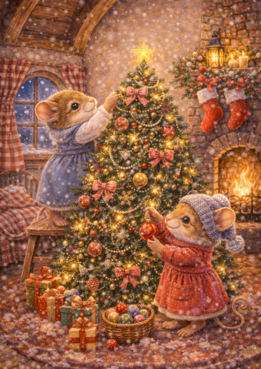 Sticker Sheet / Greeting Card – Mice Decorating Christmas Tree Full Cat. No. 8959