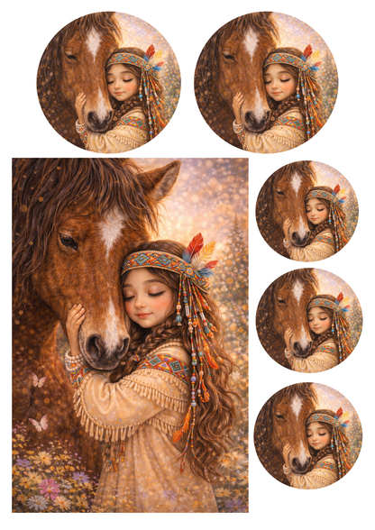 Sticker Sheet / Greeting Card – Indian Girl With Horse Collage Cat. No. 8971