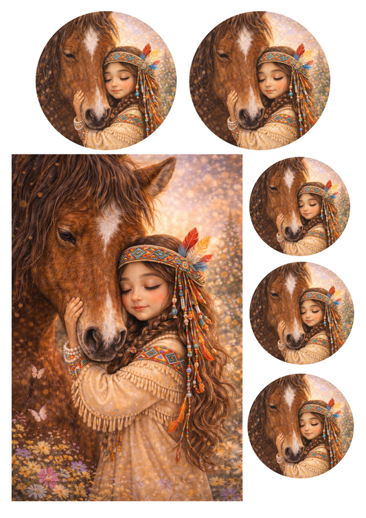 Sticker Sheet / Greeting Card – Indian Girl With Horse Collage Cat. No. 8971