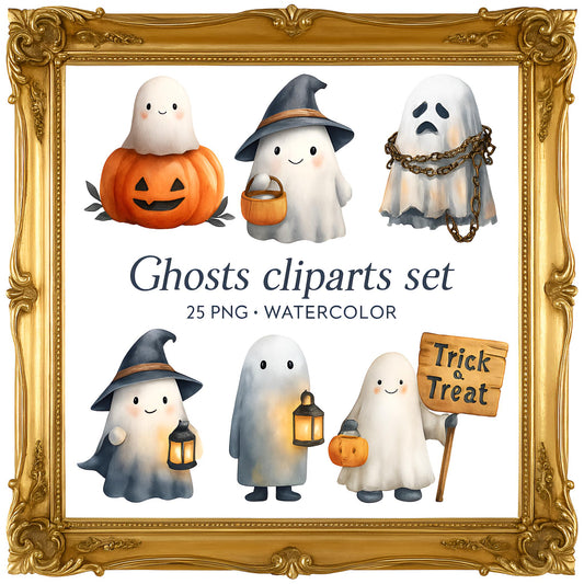 Watercolor Ghosts Clipart Set: Halloween Spooky Spirits (25 PNG)