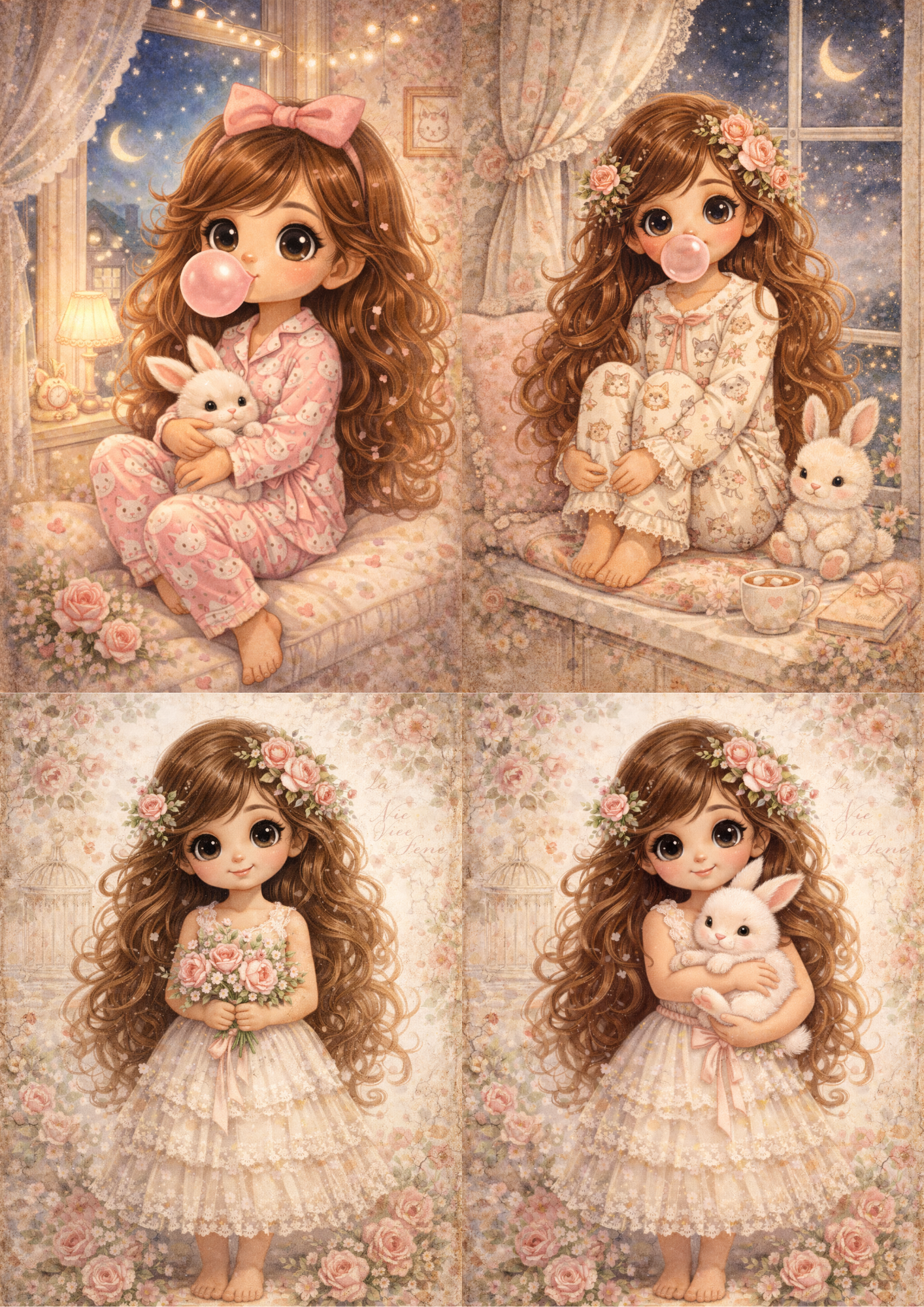 Sticker Sheet / Greeting Card – Girl with Cute Bunny Collage Cat. No. 8996