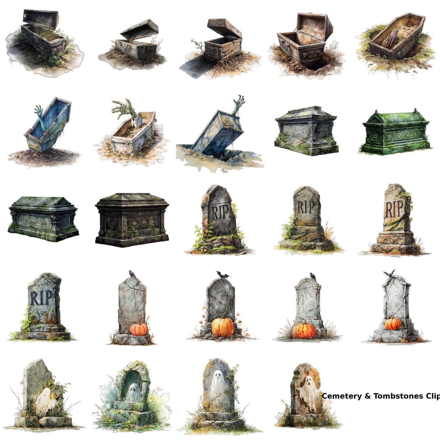Halloween Tombstone Clipart – 24 Spooky PNGs – Graveyard Watercolor Set