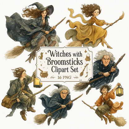 Watercolor Witch Clipart: Broomstick 16 PNG Set (Digital Download)