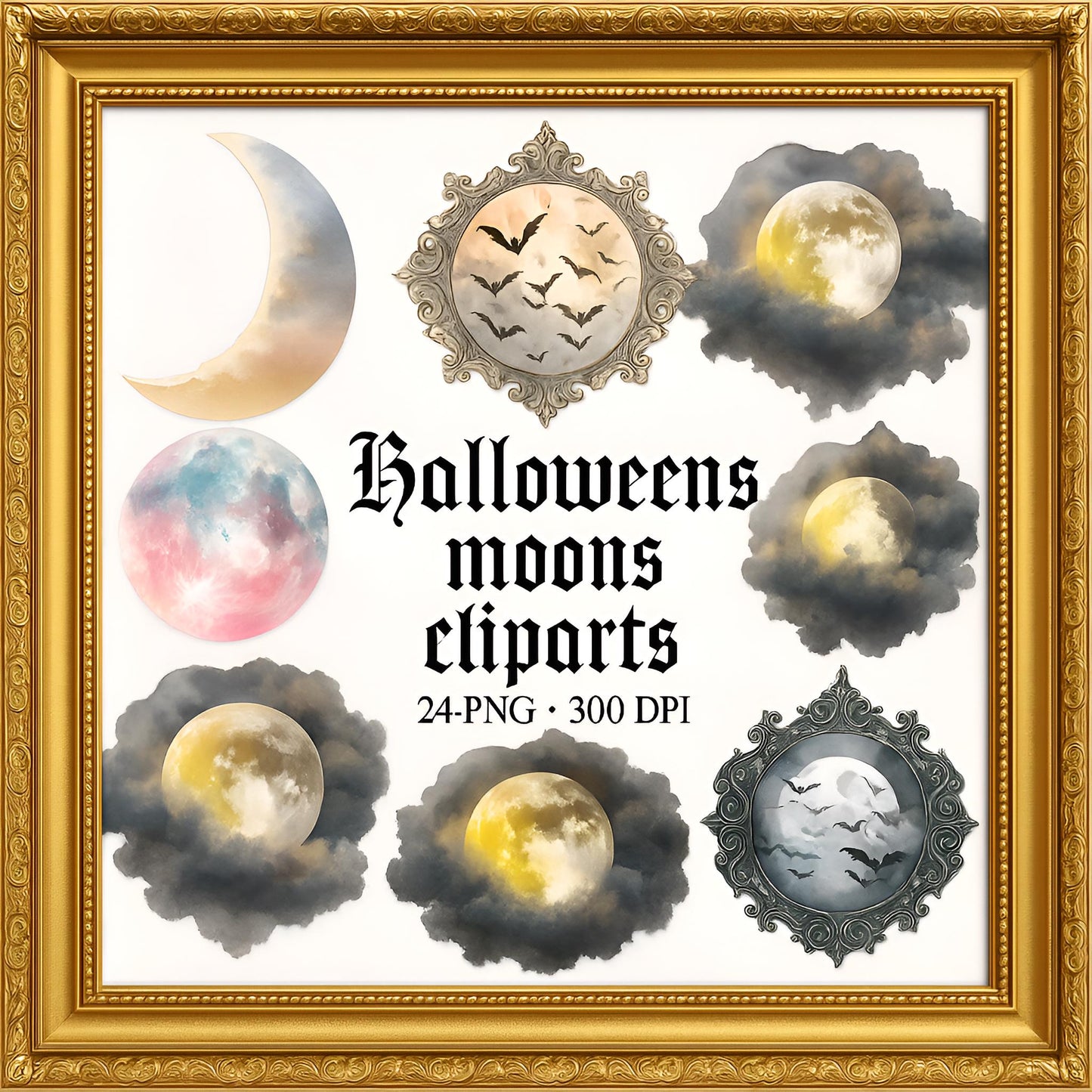 Halloween Moon Clipart – 24 PNG – Transparent – Watercolor Style – High Resolution – 300 DPI