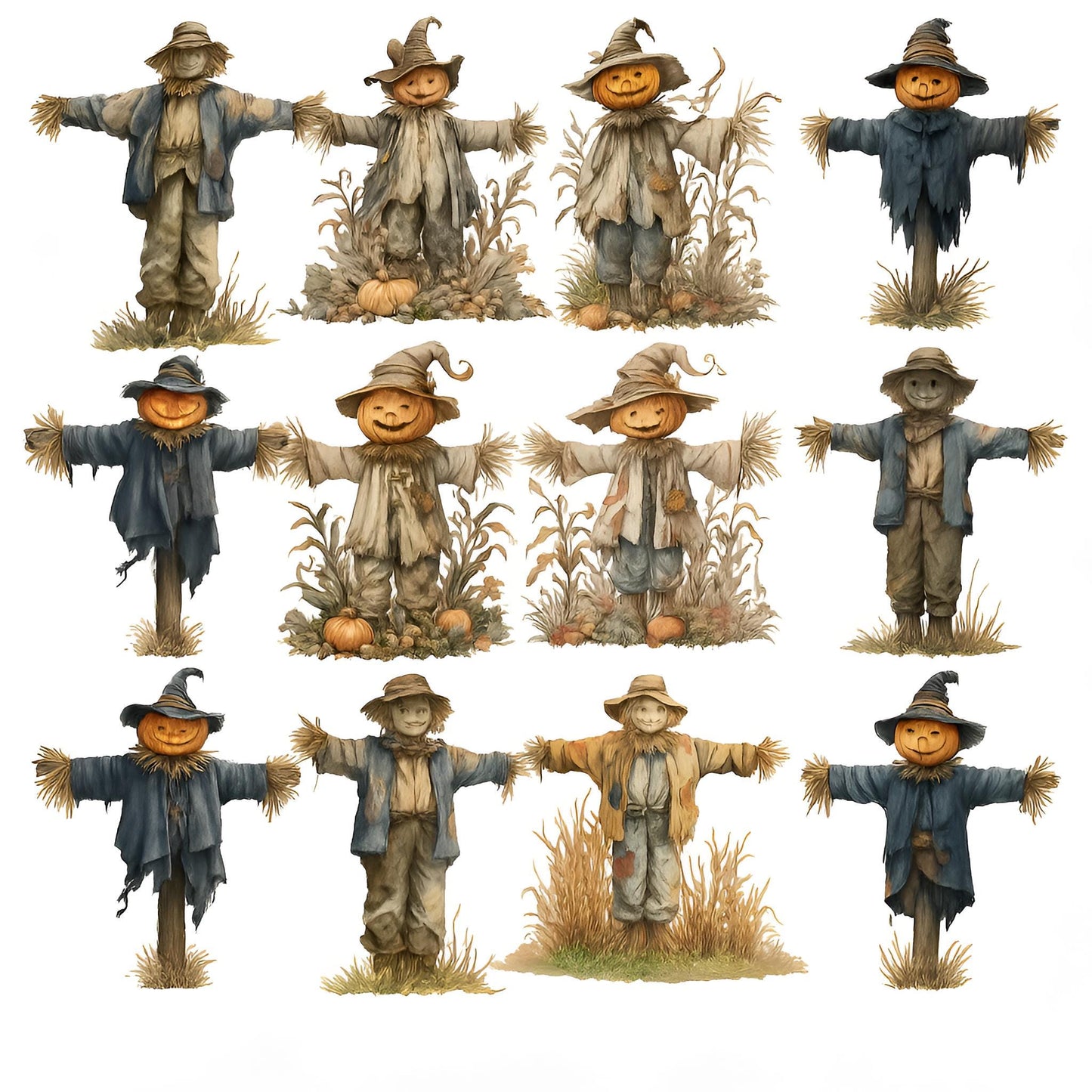 Halloween Scarecrow Clipart Set – 16 PNG – Transparent – Watercolor – High Resolution 300 DPI