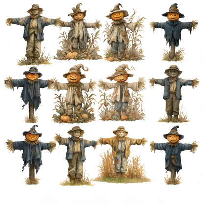 Halloween Scarecrow Clipart Set – 16 PNG – Transparent – Watercolor – High Resolution 300 DPI
