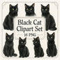 Watercolor Black Cat Clipart Set: Halloween Graphics (16 PNG)