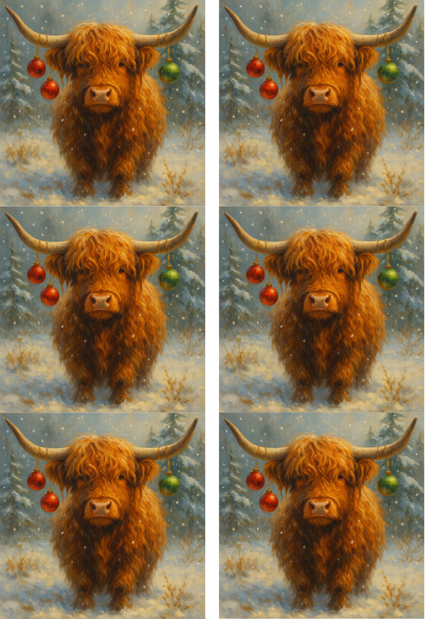 Sticker Sheet / Greeting Card – Decoupage Highland Cow with Christmas Tree Ornaments Collage Cat. No. 9004
