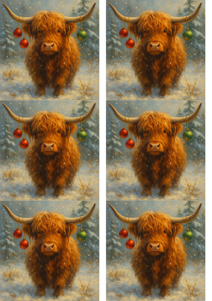 Sticker Sheet / Greeting Card – Decoupage Highland Cow with Christmas Tree Ornaments Collage Cat. No. 9004