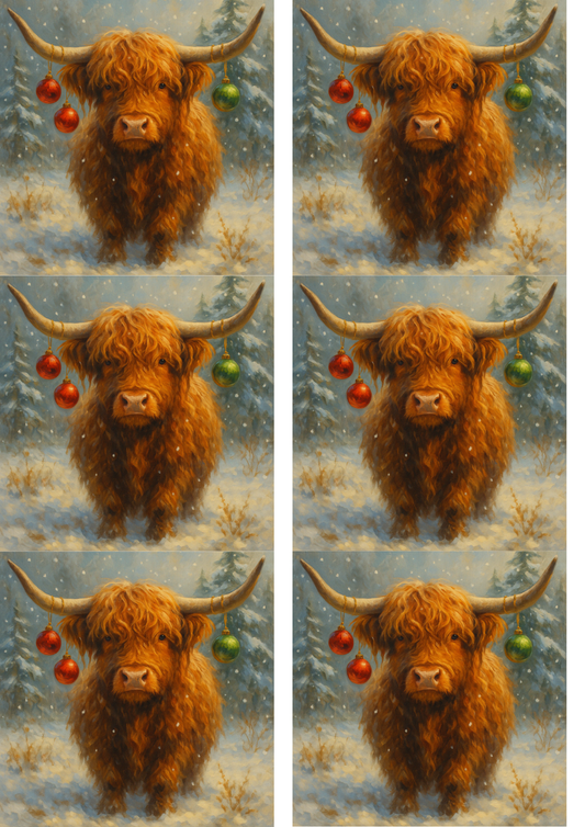 Sticker Sheet / Greeting Card – Decoupage Highland Cow with Christmas Tree Ornaments Collage Cat. No. 9004