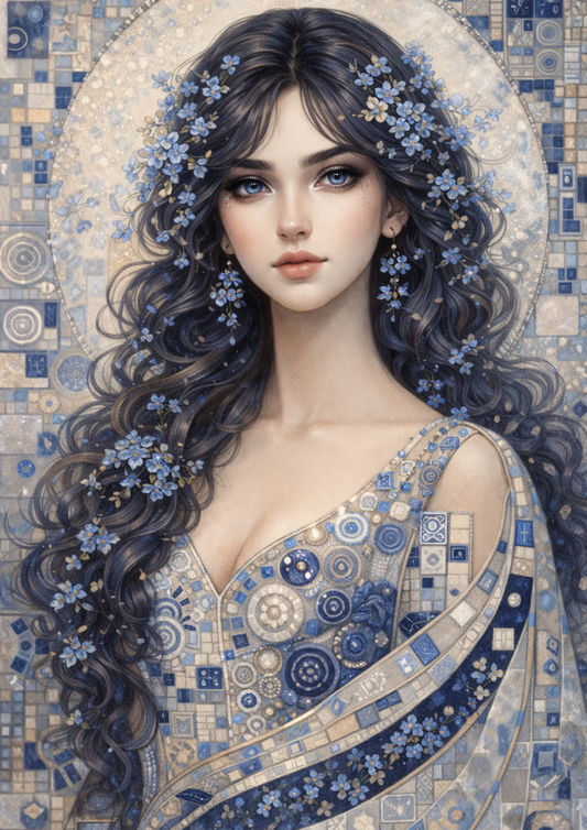 Sticker Sheet / Greeting Card – Beautiful Lady in Klimt Style Blue Portrait Full Cat. No. 9010