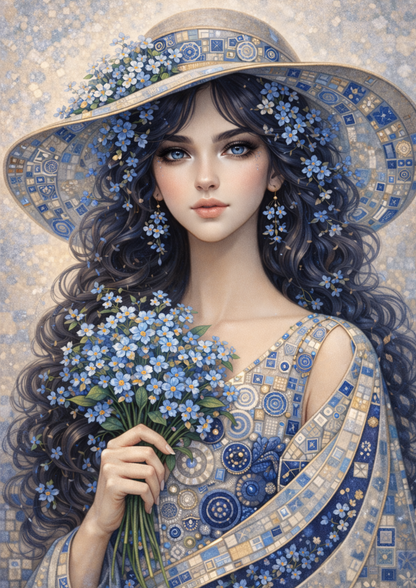 Sticker Sheet / Greeting Card – Beautiful Lady in Klimt Style Blue Portrait Full Cat. No. 9011
