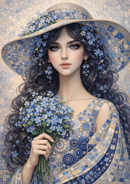 Sticker Sheet / Greeting Card – Beautiful Lady in Klimt Style Blue Portrait Full Cat. No. 9011