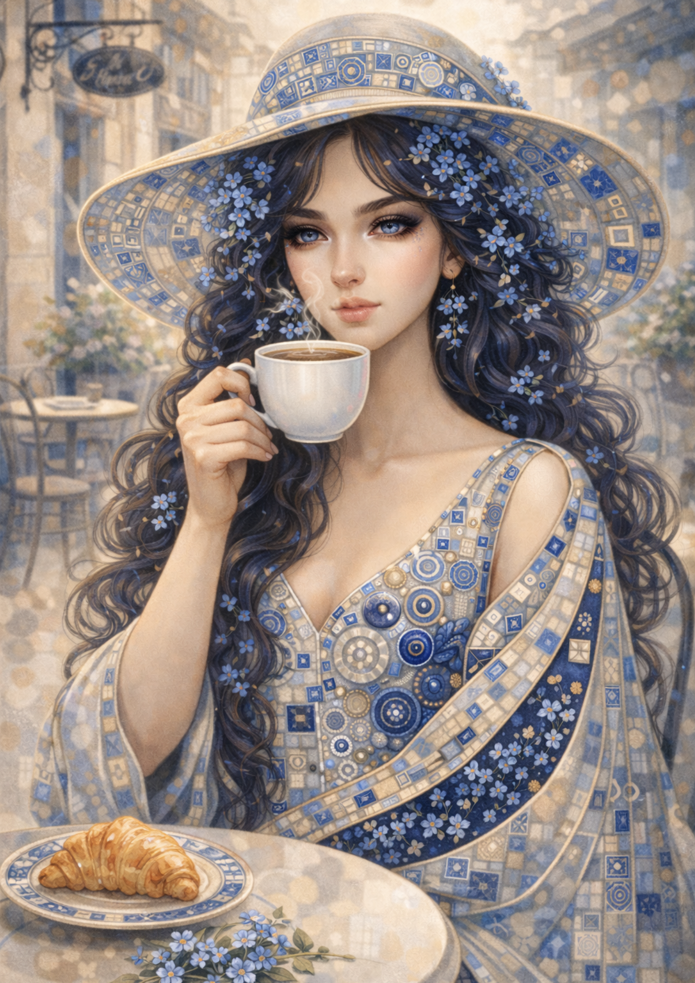 Sticker Sheet / Greeting Card – Beautiful Lady in Klimt Style Blue Portrait Full Cat. No. 9012