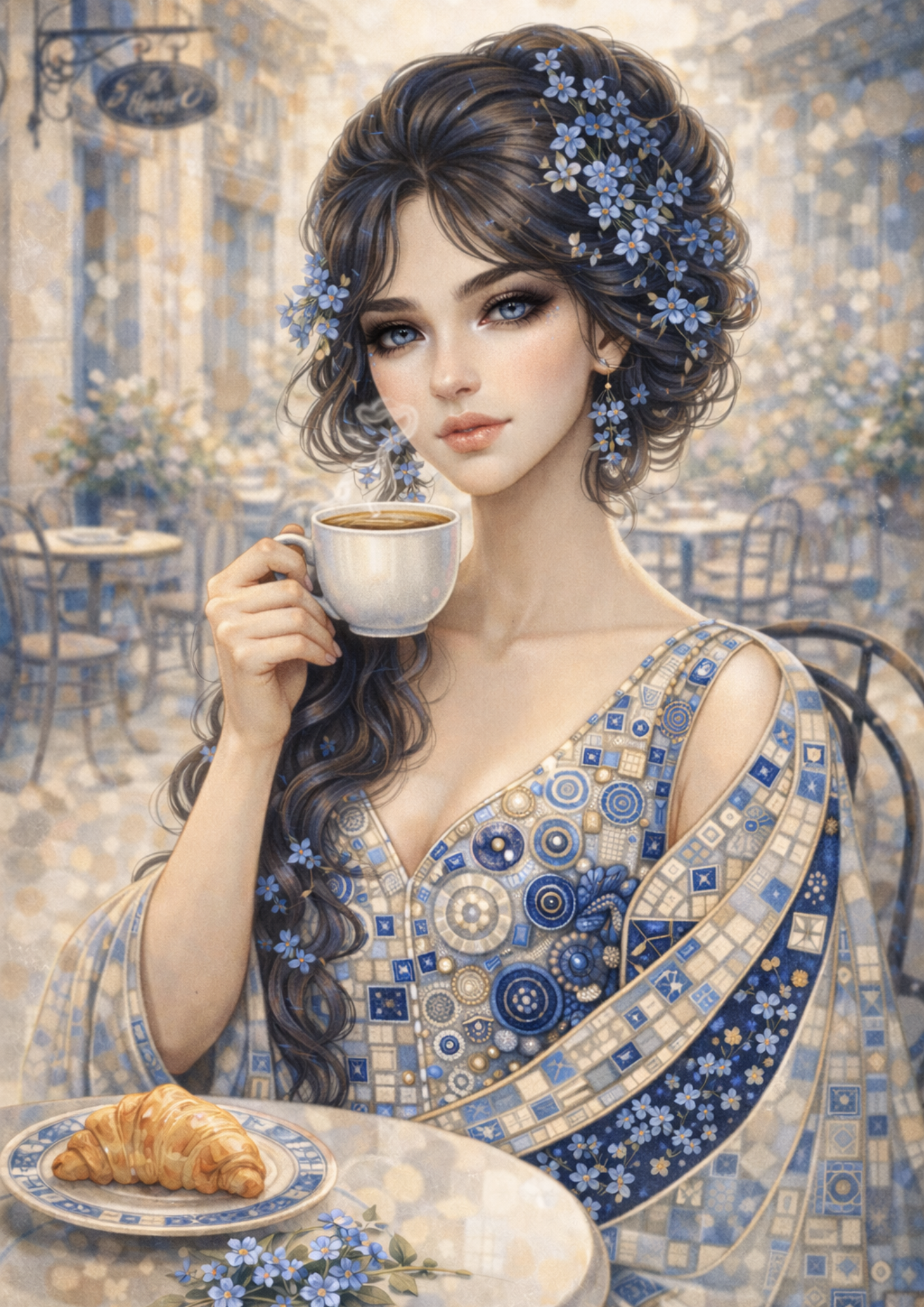 Sticker Sheet / Greeting Card – Beautiful Lady in Klimt Style Blue Portrait Full Cat. No. 9013