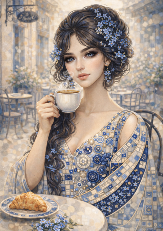 Sticker Sheet / Greeting Card – Beautiful Lady in Klimt Style Blue Portrait Full Cat. No. 9013