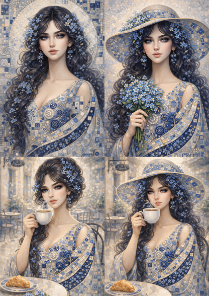 Sticker Sheet / Greeting Card – Beautiful Lady in Klimt Style Blue Portrait Collage Cat. No. 9014