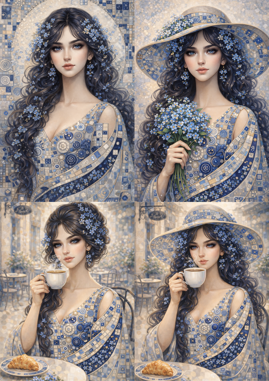 Sticker Sheet / Greeting Card – Beautiful Lady in Klimt Style Blue Portrait Collage Cat. No. 9014