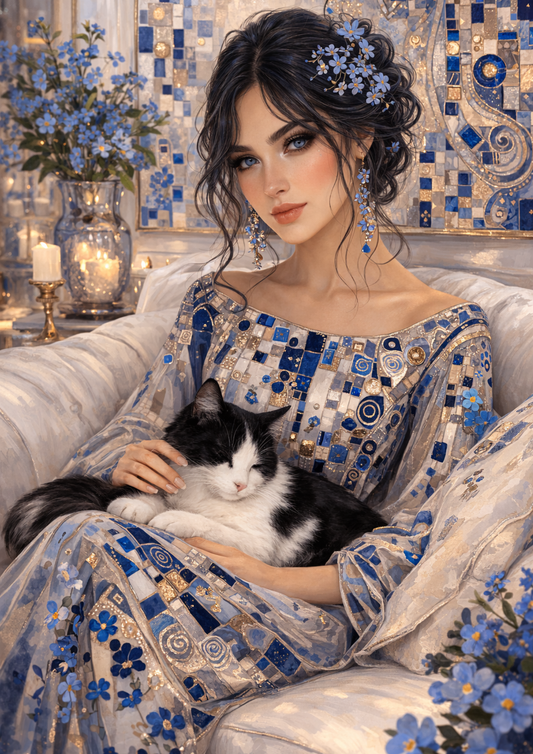 Sticker Sheet / Greeting Card – Beautiful Elegance Woman with Cat Full Cat. No. 9015